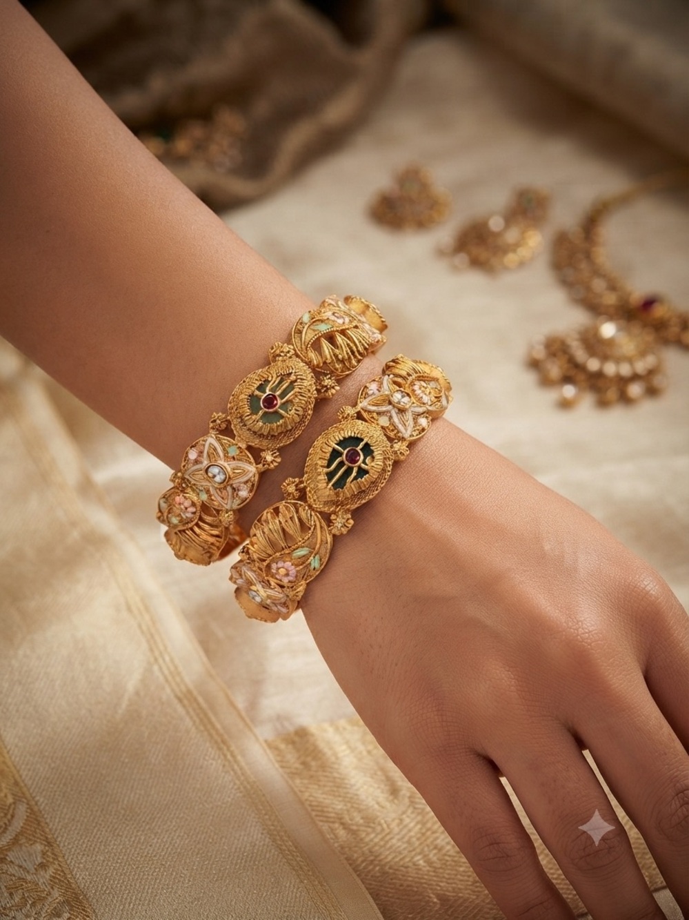Gold-Tone Floral Motif Women’s Bangle Bracelet Set
